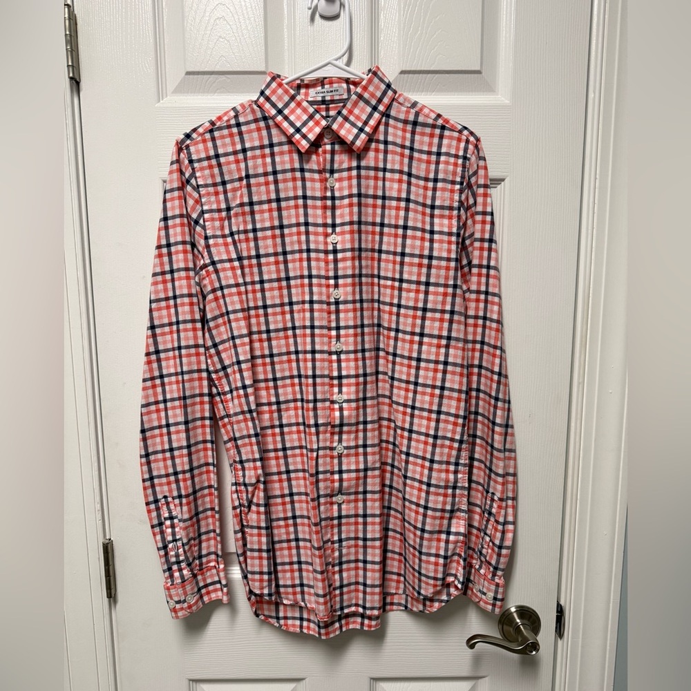 Men’s Express Pink and Blue Plaid Casual Shirt (Extra Slim Fit)